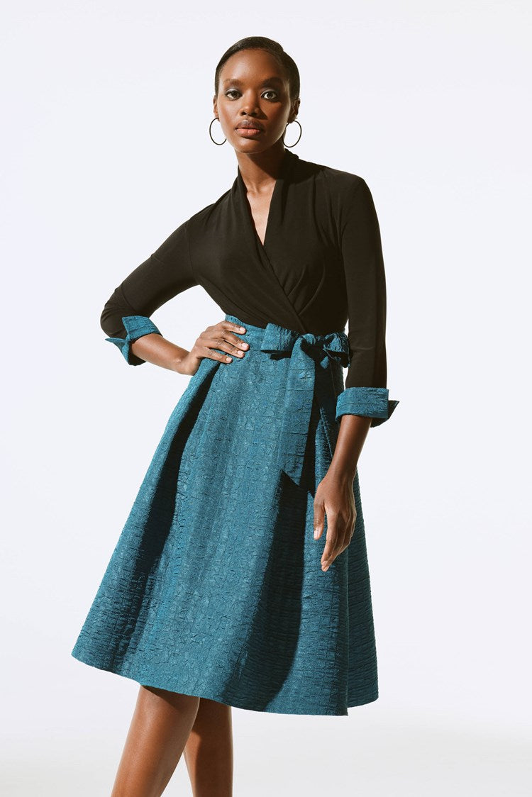 Joseph Ribkoff Knit and Jacquard Belted Dress  243783  Twilight/Black