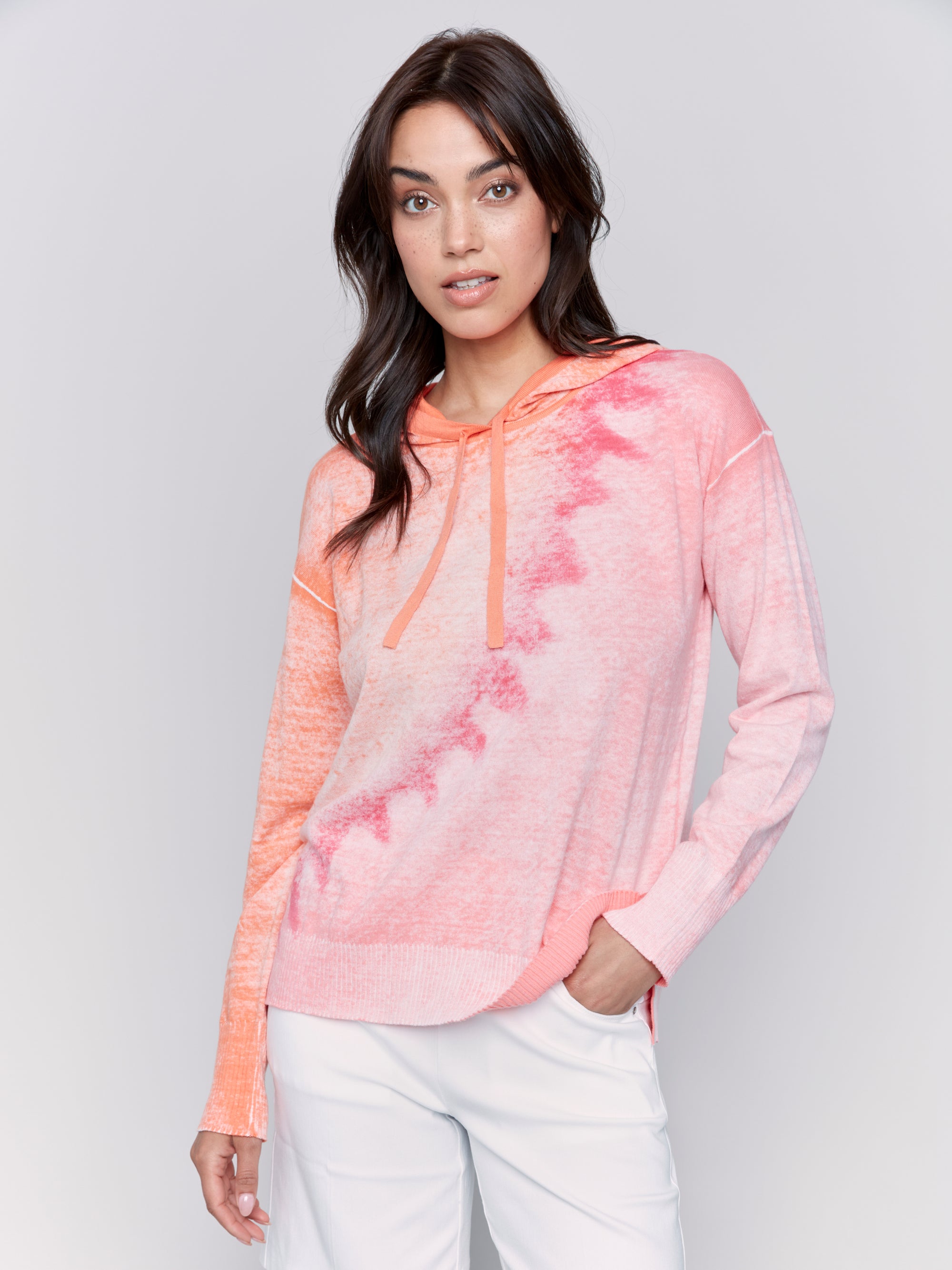 Charlie B Reverse Print Hoodie with Dropped Shoulders  C2616R-P378  Papaya