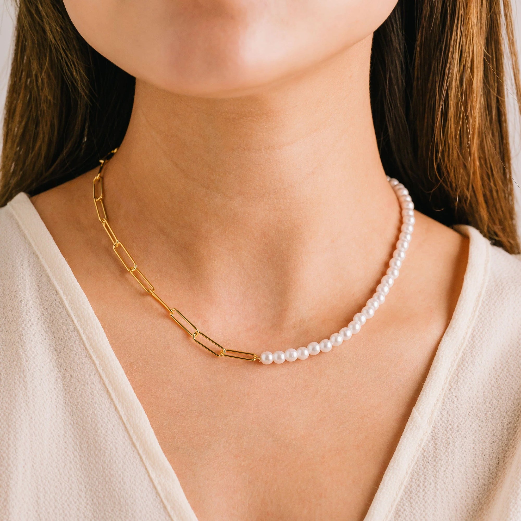 Lovers Tempo Neptune Pearl Paperclip Necklace - Gold