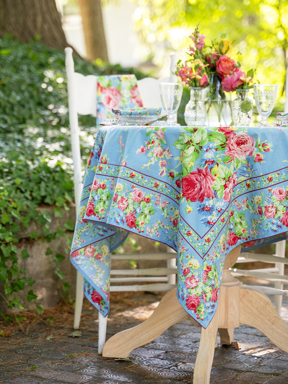 April Cornell Cottage Rose Tablecloth  -  Sky Blue 54 x 54"